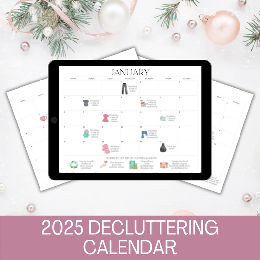 Digital tablet displaying a 2025 decluttering calendar on a white surface with Christmas decorations.