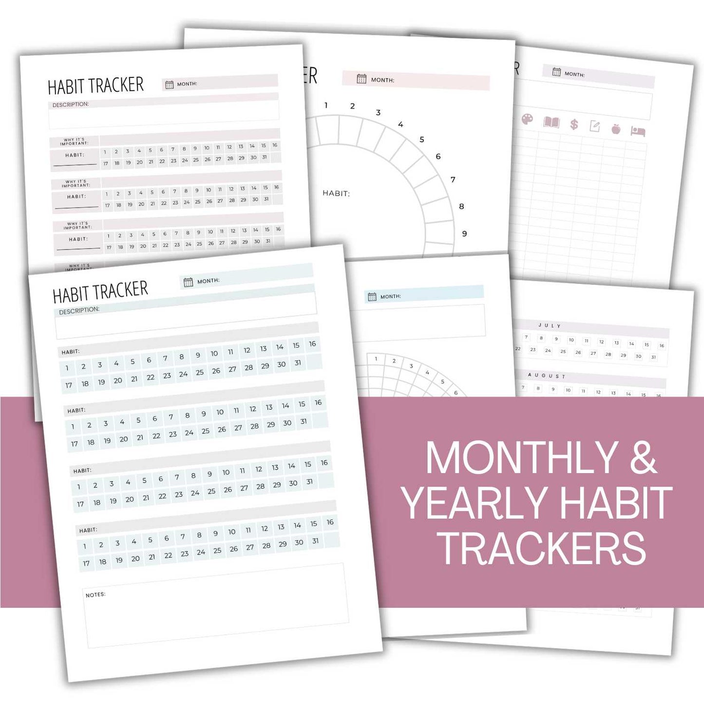 Monthly & Yearly Habit Trackers fanned out