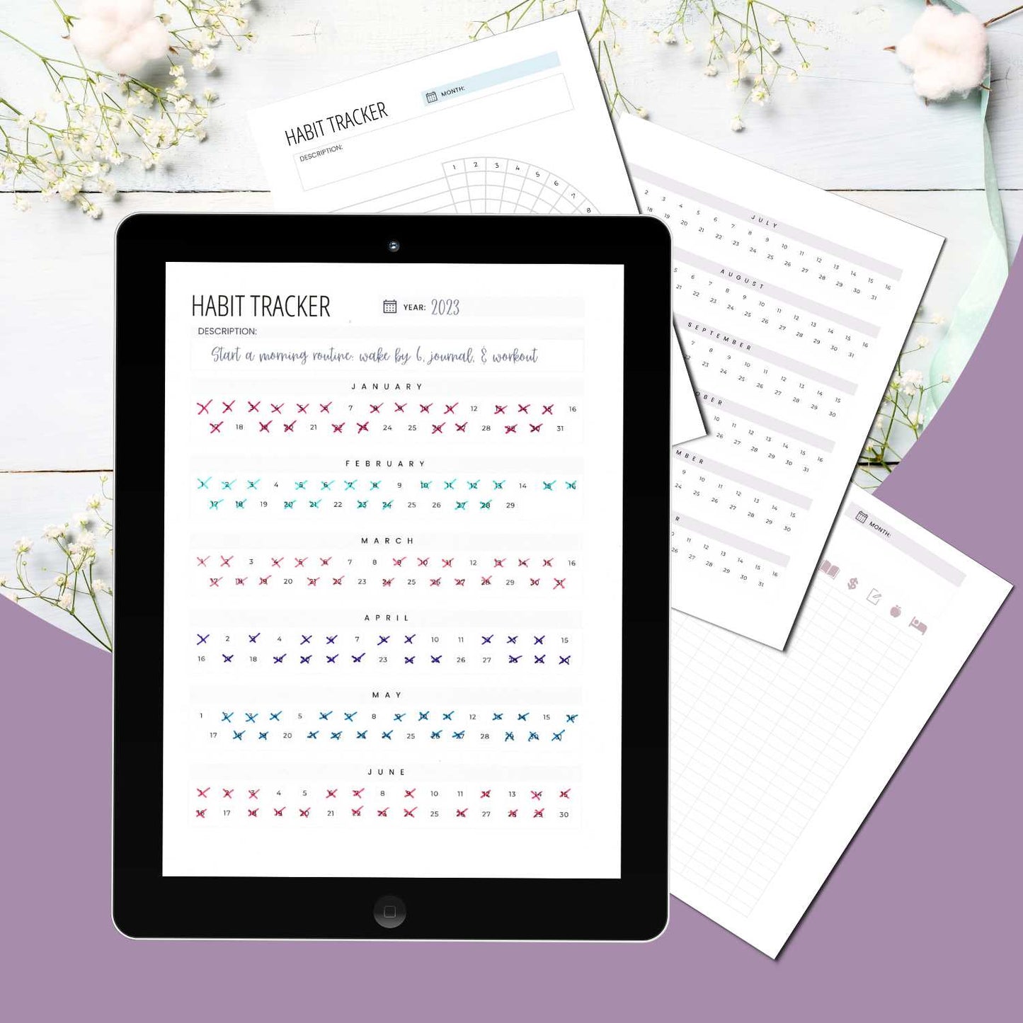 Monthly & Yearly Habit Tracker on tablet with purple & flower background