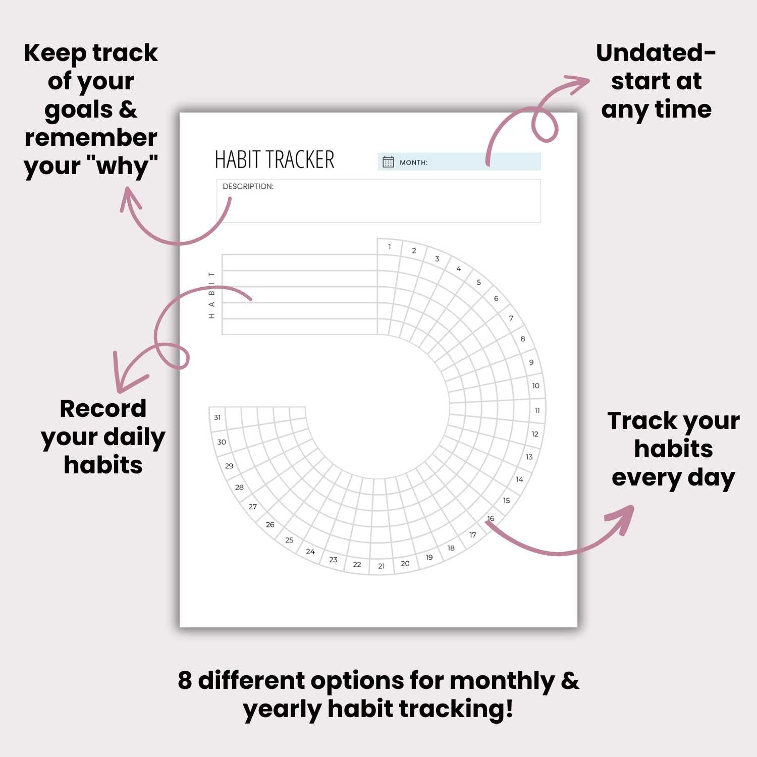 Monthly & Yearly Habit Trackers with arrows