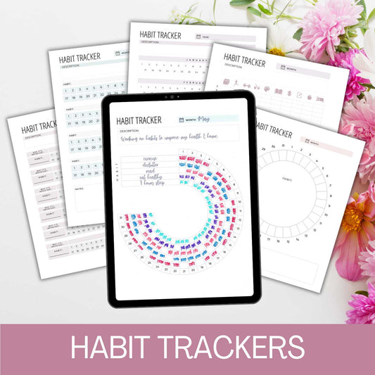 Monthly & Yearly Habit Trackers with pink flower background